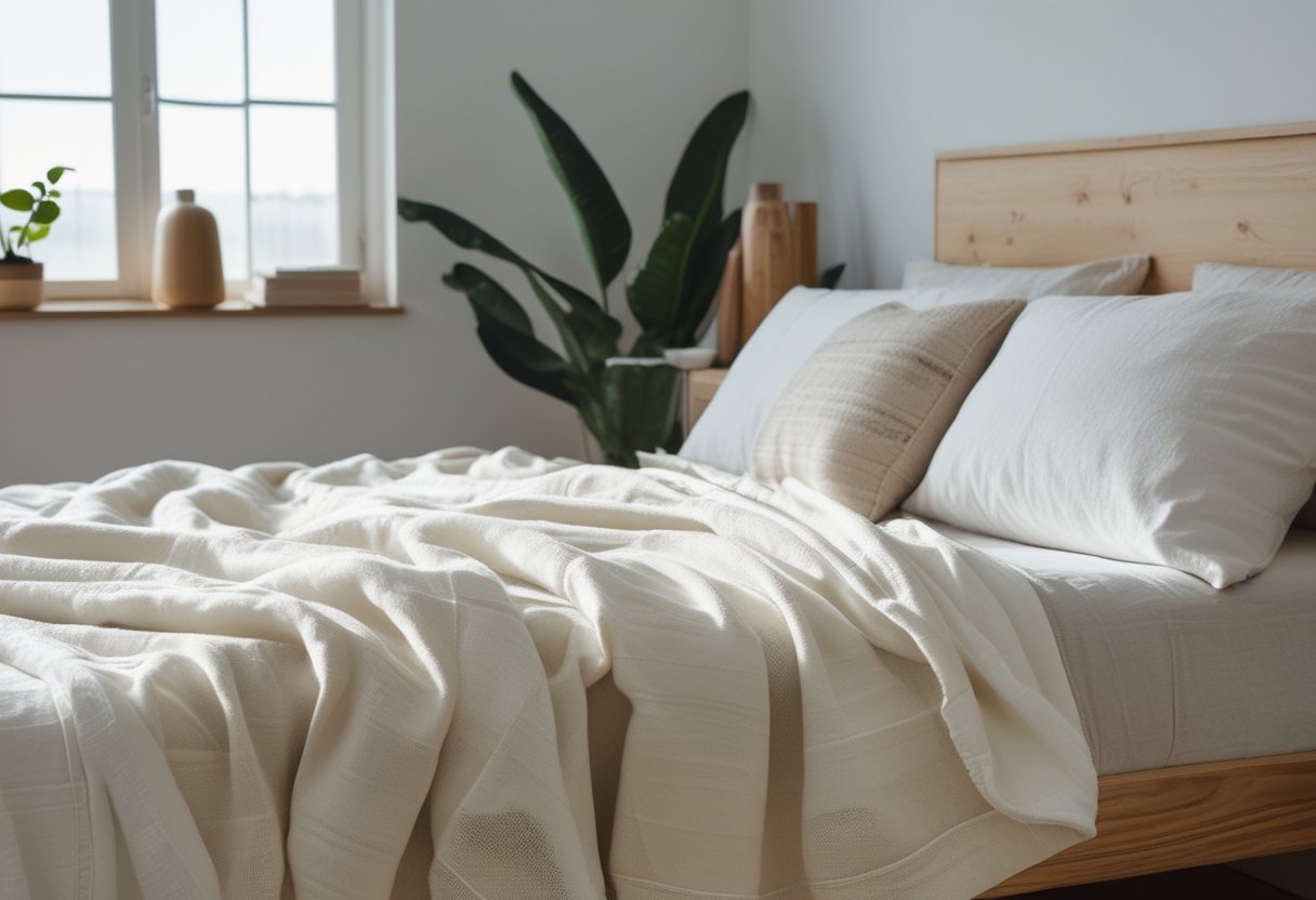 21 Beautiful Organic Textiles For Bedroom: Cozy Sustainable Fabrics To Transform Your Sleep Space 12 these sustainable materials boll and branch lightweight organic cotton blanket bright bedroom natural light plants bed draped