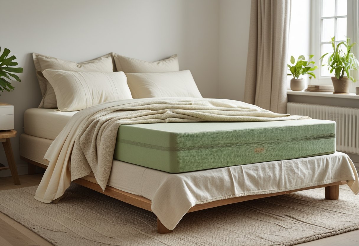 21 Beautiful Organic Textiles For Bedroom: Cozy Sustainable Fabrics To Transform Your Sleep Space 13 these certified fabrics avocado green mattress natural colored bedding bright bedroom potted plant wooden nightstand certified organic