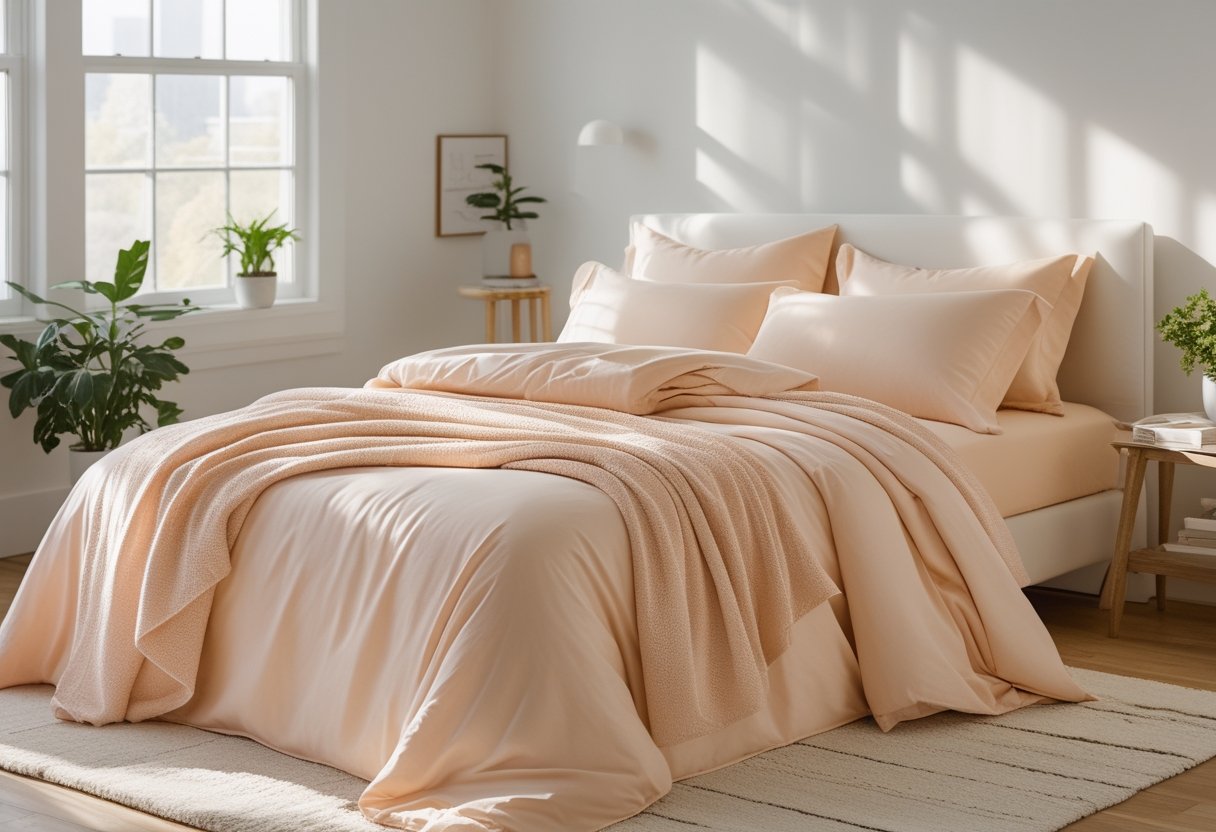21 Beautiful Organic Textiles For Bedroom: Cozy Sustainable Fabrics To Transform Your Sleep Space 14 these eco-friendly fabrics peachskinsheets organic cotton bedding set peach colored bright bedroom natural light simple decor