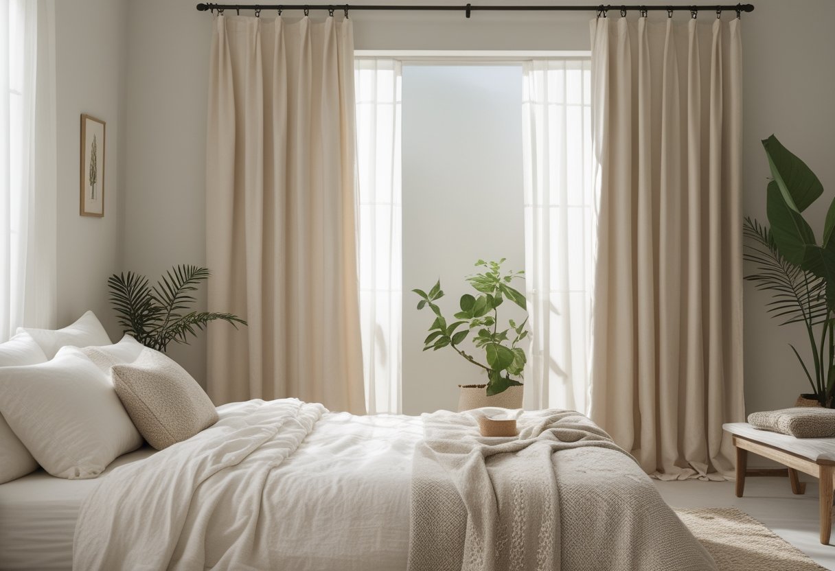 21 Beautiful Organic Textiles For Bedroom: Cozy Sustainable Fabrics To Transform Your Sleep Space 15 this bedding west elm organic cotton canvas curtains light beige sunlight neatly made bed wooden furniture green plants