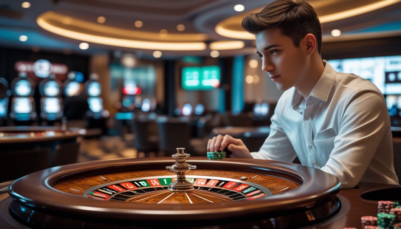 Seorang pemula yang berpakaian rapi sedang memperhatikan roda roulette yang berputar di dalam kasino modern.