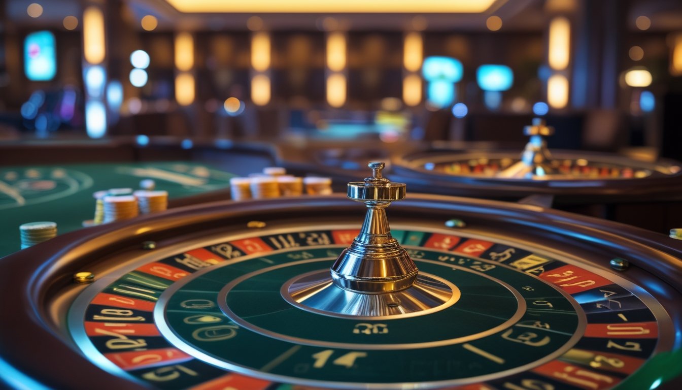 Meja roulette kasino dengan roda roulette berputar dan tumpukan chip taruhan di sekitarnya.