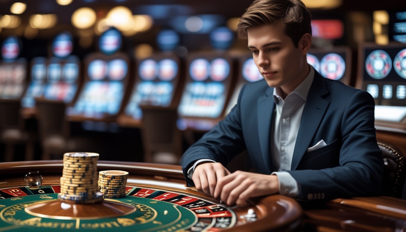 Seseorang yang tenang dan fokus duduk di meja roulette dengan tumpukan chip di depan, mengelola uang taruhan dengan hati-hati.