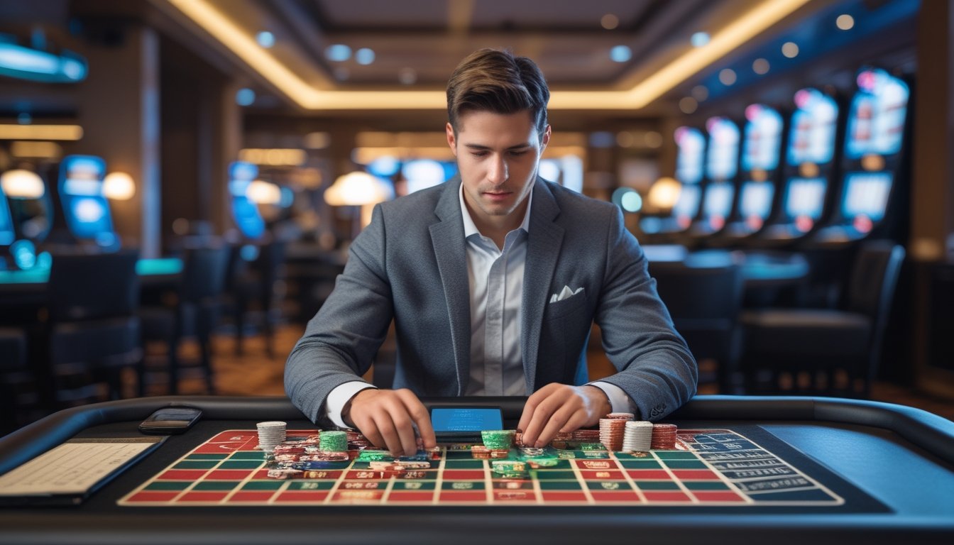 Seorang individu fokus mengelola chip taruhan di meja roulette di kasino.