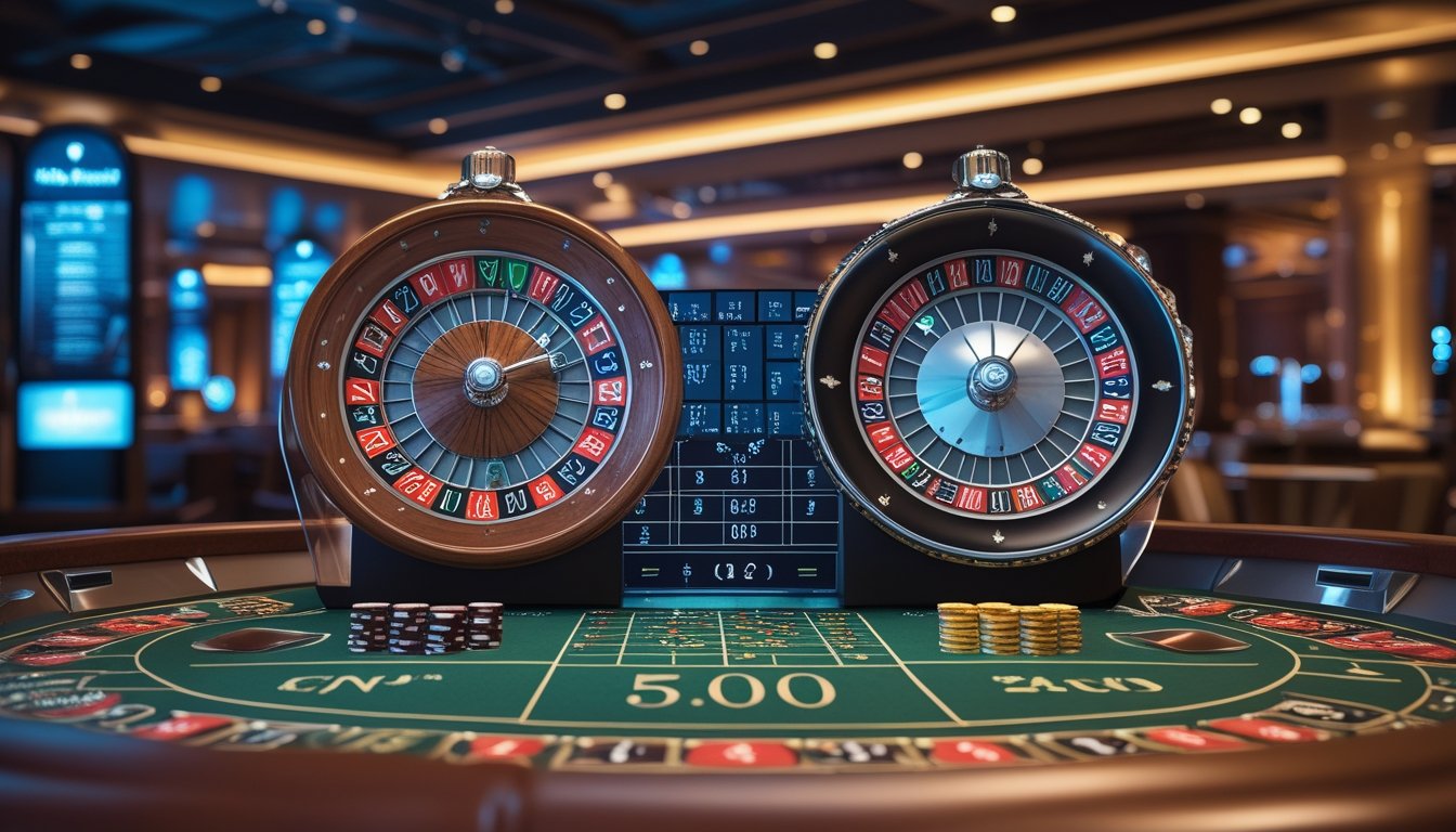 Dua roda roulette, satu Eropa dan satu Amerika, berdampingan di atas meja kasino dengan pencahayaan mewah dan suasana kasino.