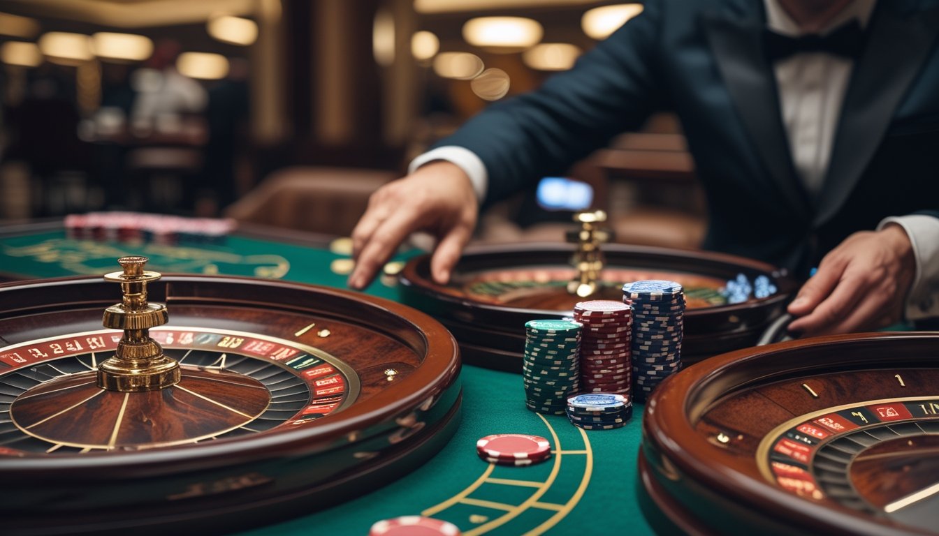 Tampilan dekat meja roulette dengan roda roulette Eropa dan Amerika berdampingan, tumpukan chip, dan tangan croupier siap memutar roda.