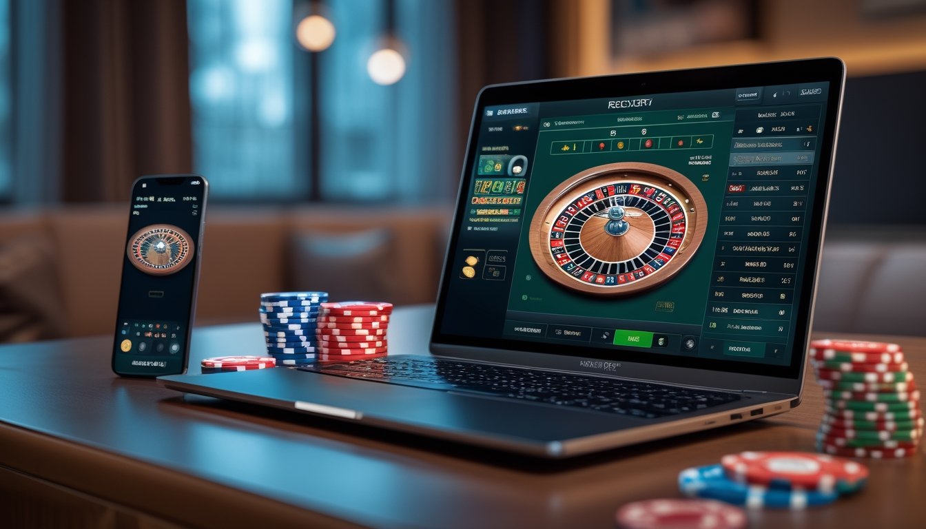 Sebuah laptop dengan tampilan roda roulette online di layar, dikelilingi oleh tumpukan chip kasino dan ponsel yang menampilkan permainan roulette langsung di atas meja kayu.