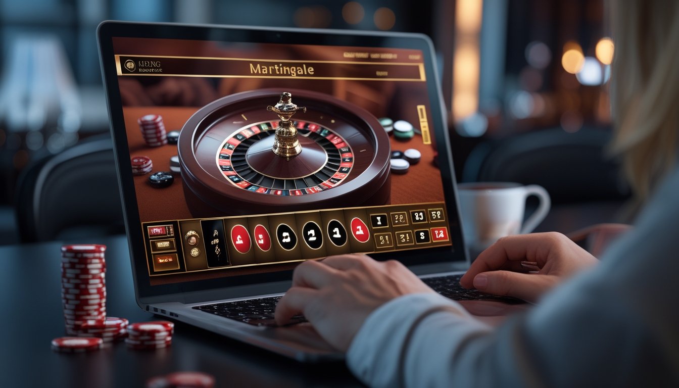 Seseorang menggunakan komputer dengan tampilan permainan roulette online, fokus pada layar dan tangan yang sedang berinteraksi dengan mouse.