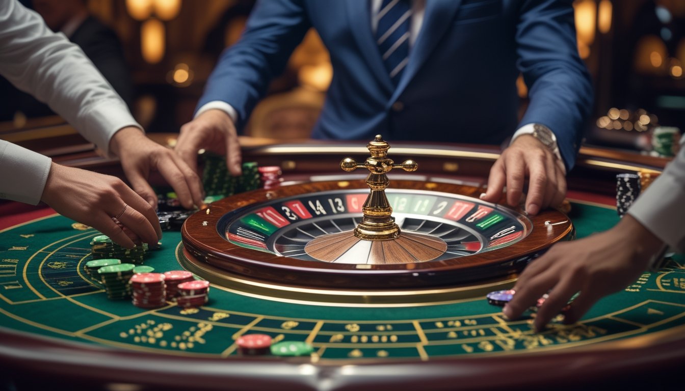 Seorang dealer kasino yang profesional sedang memutar roda roulette di meja kasino dengan pemain yang memasang taruhan.
