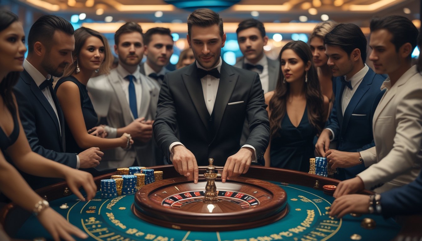 Meja roulette dengan dealer langsung yang sedang memutar roda dan pemain yang serius memasang taruhan di kasino.
