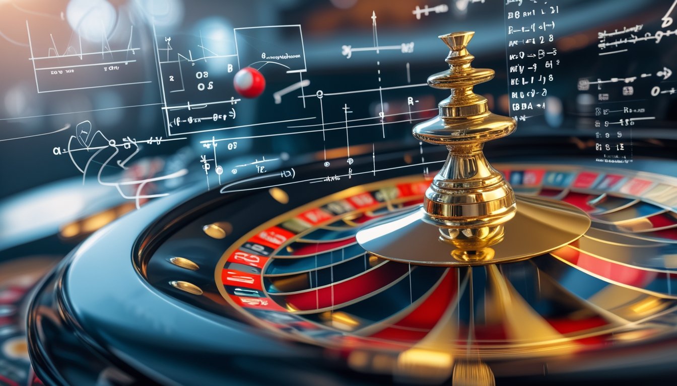 Close-up roda roulette yang berputar dengan bola yang bergerak di sekitarnya dan latar belakang berisi grafik dan rumus matematika transparan.