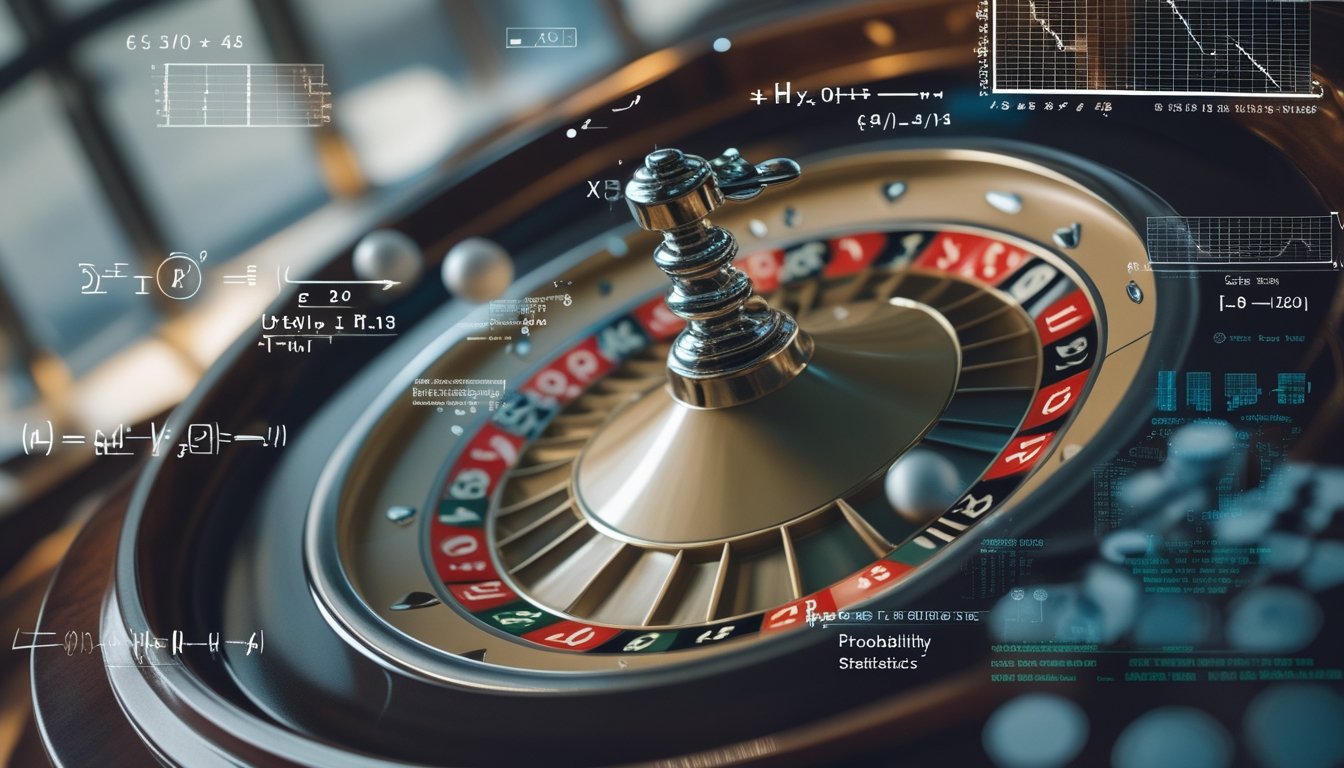 Sebuah roda roulette yang sedang berputar dengan bola putih di tepinya, dikelilingi oleh grafik dan rumus matematika yang melayang di sekitarnya.