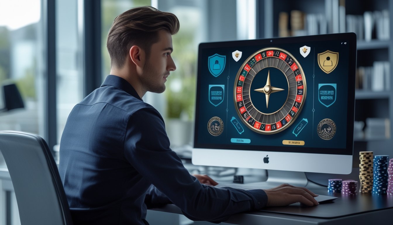Seorang pria muda duduk di depan komputer dengan layar menampilkan roda roulette digital dan ikon keamanan, di ruang kerja modern yang terang.