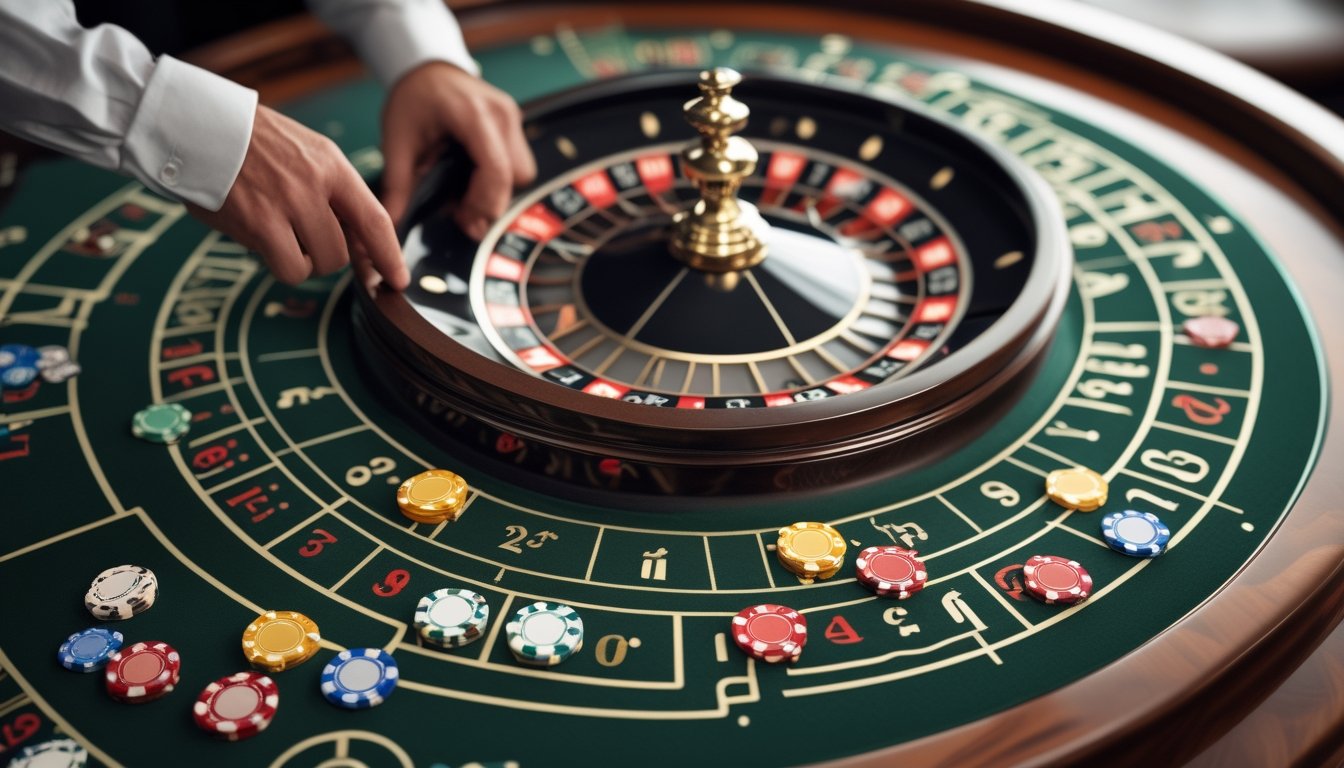 Meja roulette dengan roda berputar dan beberapa taruhan sampingan yang diberi chip warna-warni di atasnya.