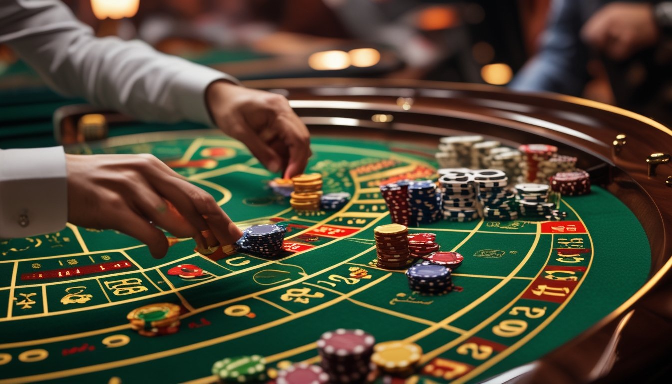 Meja roulette dengan roda berputar dan beberapa chip ditempatkan pada area taruhan sampingan.