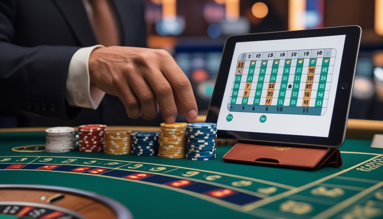 Seorang pemain di meja roulette sedang menempatkan chip sambil melihat catatan dengan pola angka Fibonacci.