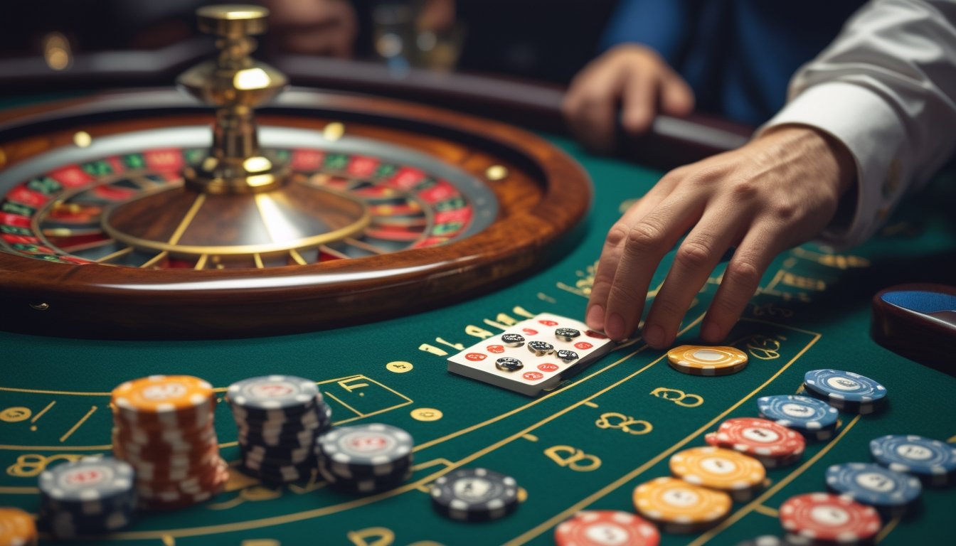 Meja roulette dengan roda berputar dan tumpukan chip, tangan sedang memasang taruhan dengan angka-angka urutan Fibonacci di sampingnya.