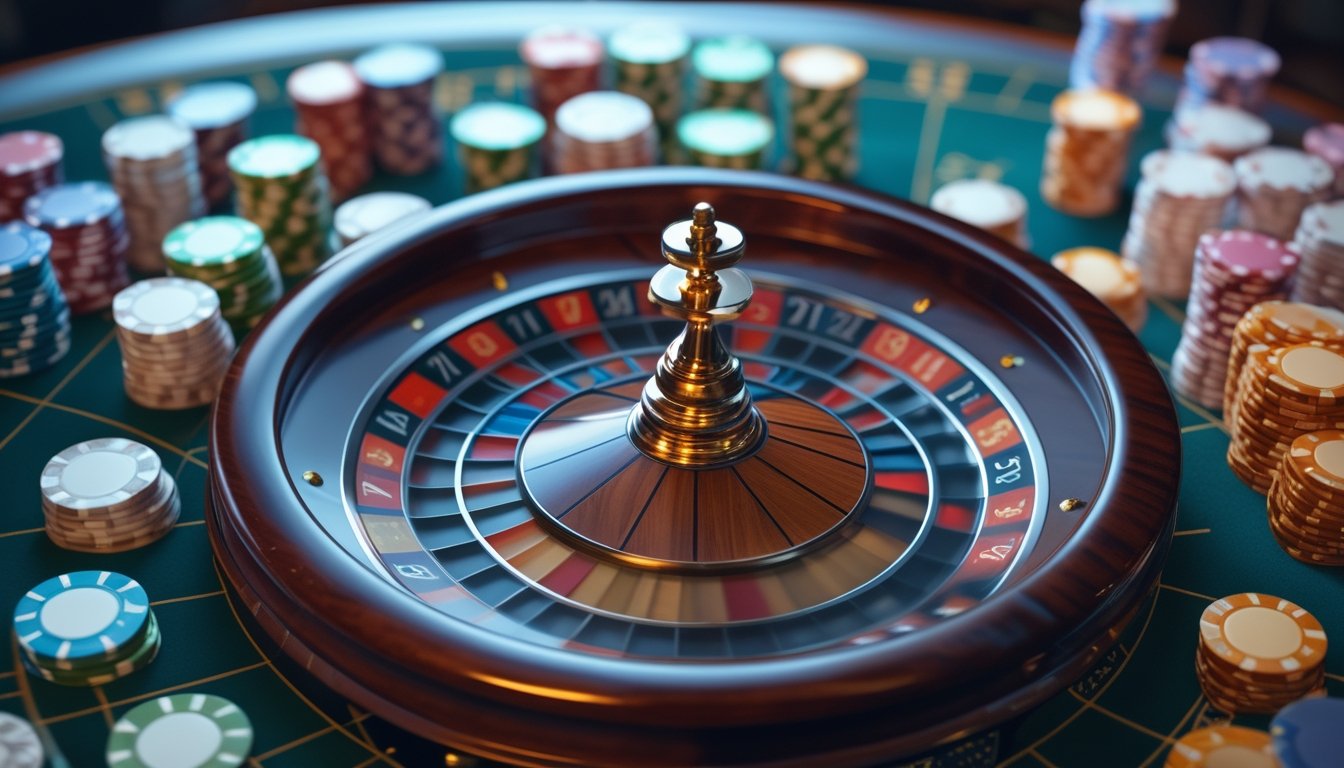 Meja roulette kasino dengan roda roulette berputar dan beberapa chip taruhan di sekitarnya.