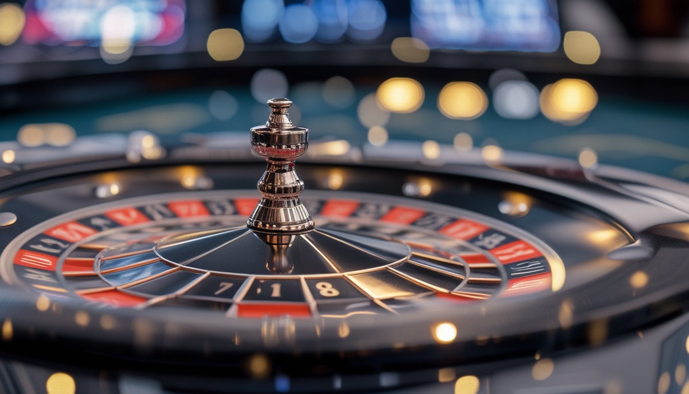 Roda roulette dengan bola putih yang berputar di kasino.