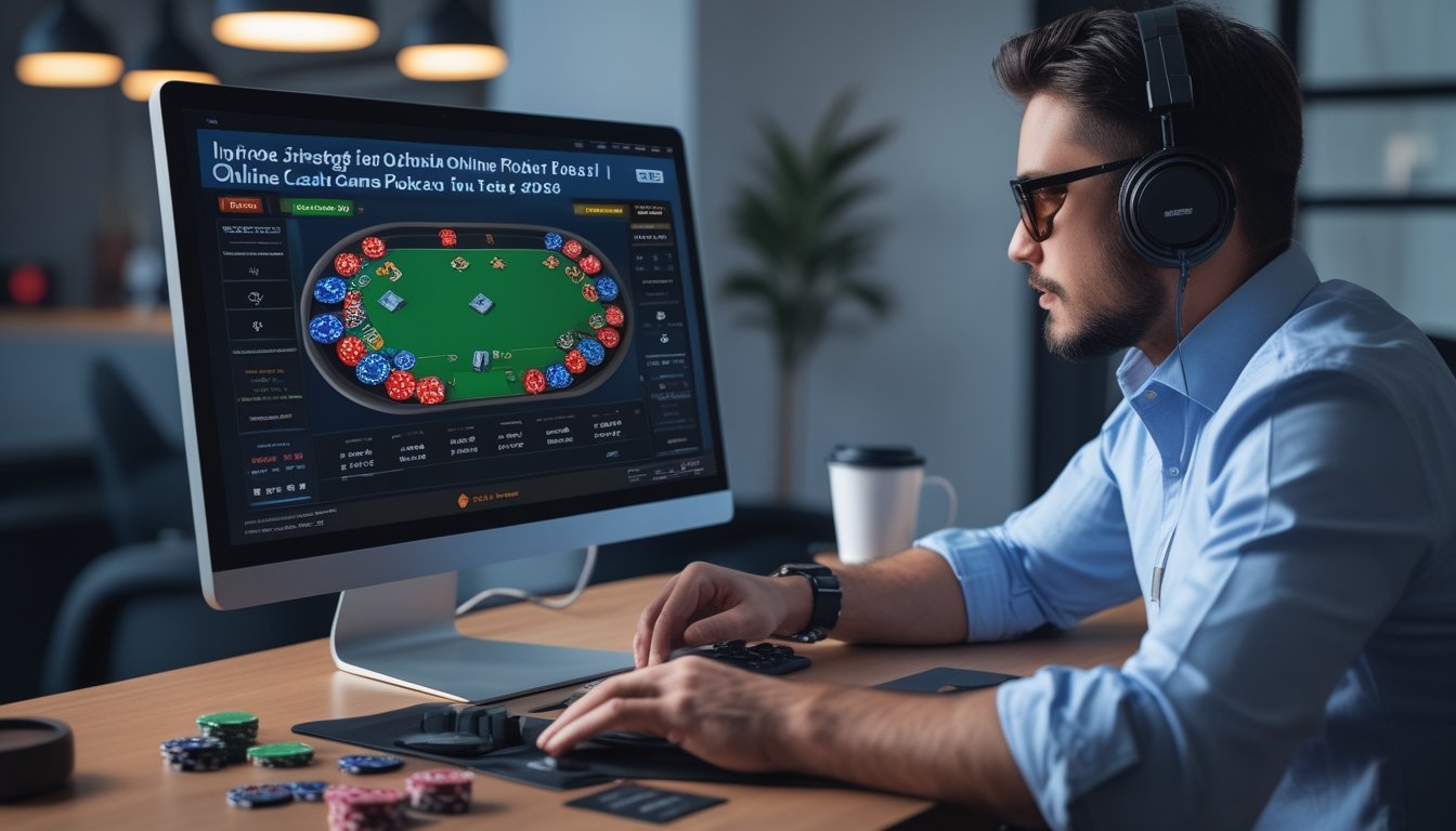 Seorang pemain poker online yang fokus duduk di depan komputer dengan meja poker digital, chip, kartu, dan grafik strategi di layar, di sebuah ruangan yang rapi dan terang.