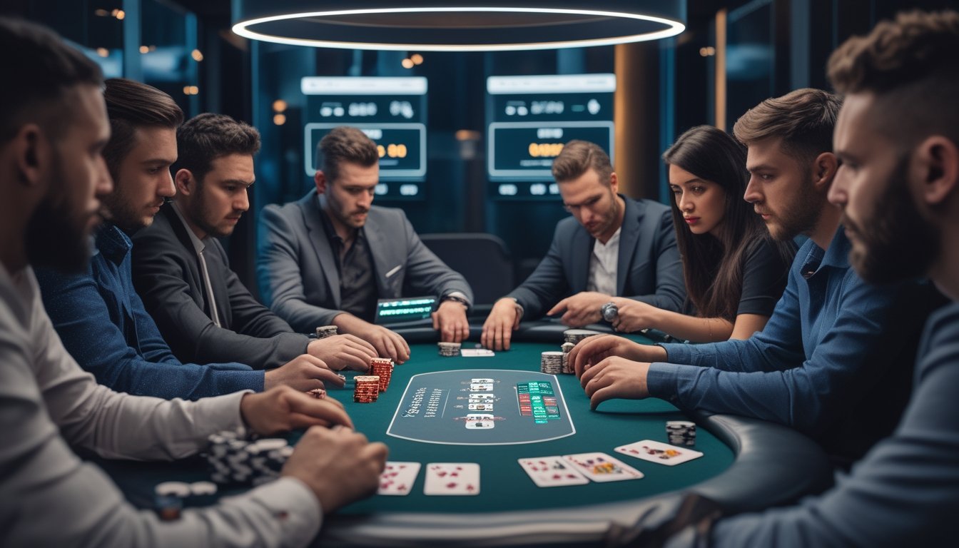 Beberapa pemain poker serius duduk mengelilingi meja poker modern dengan kartu, chip, dan perangkat digital, fokus pada permainan di ruang poker yang terang dan bergaya.
