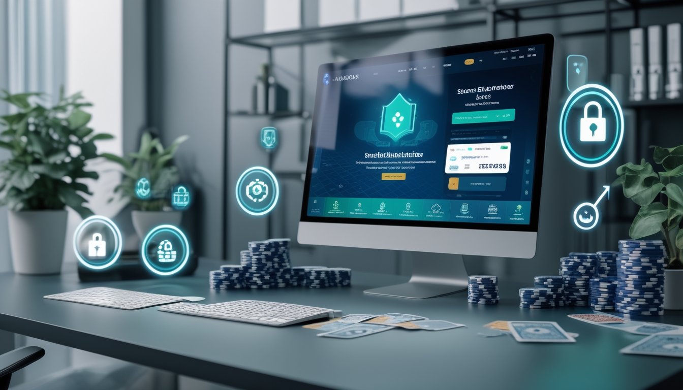 Seorang pria menggunakan komputer dengan tampilan situs poker online yang aman, dikelilingi oleh chip poker dan kartu bermain di meja kerja yang rapi.