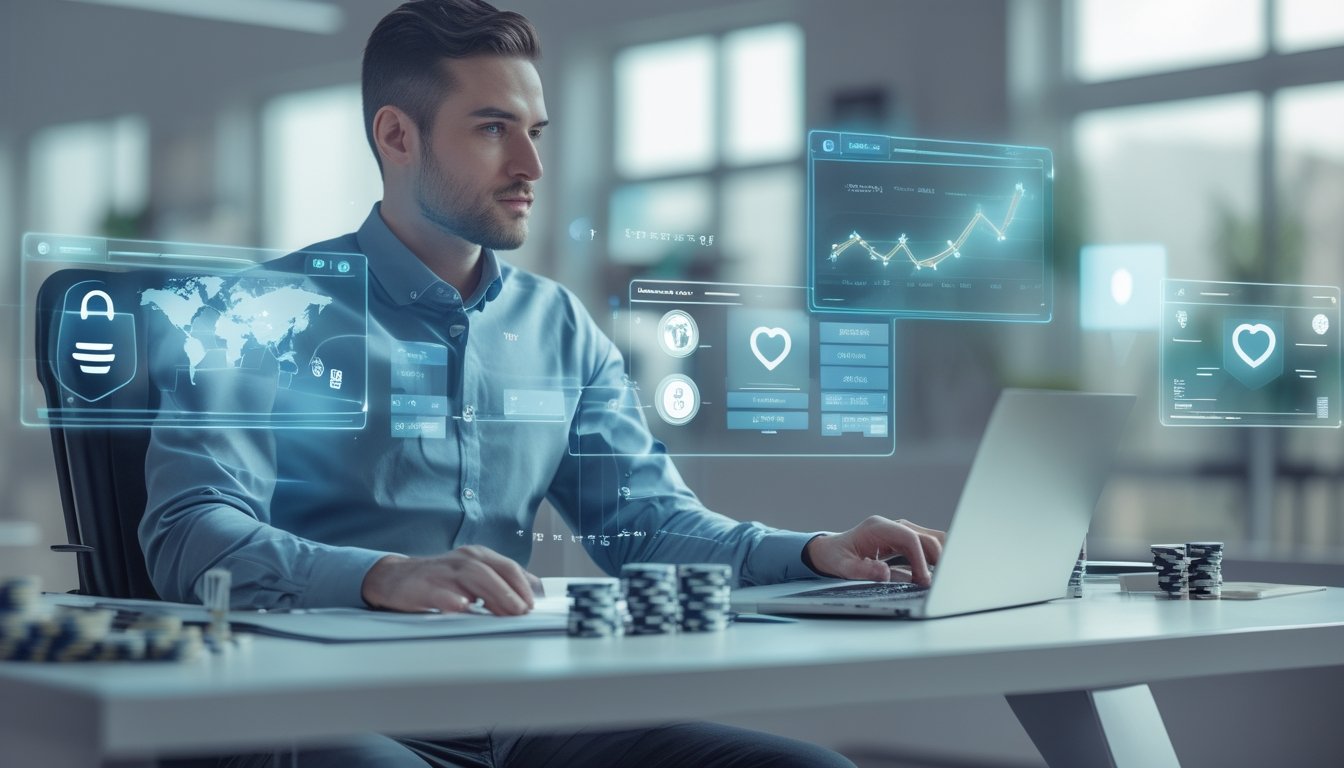 Seorang profesional duduk di meja modern dengan layar digital menampilkan grafik dan simbol poker, fokus menganalisis data dalam suasana kantor yang terang dan modern.