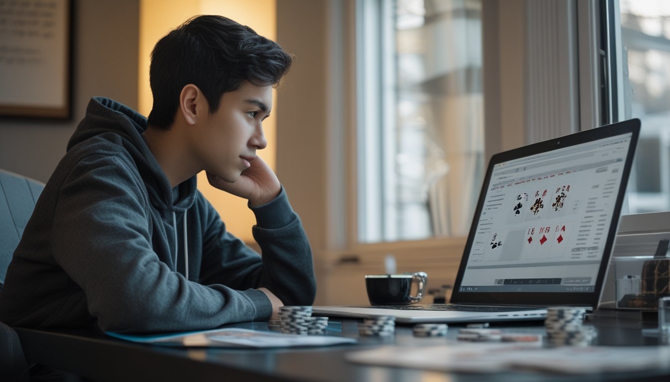 Seorang dewasa muda duduk di meja dengan laptop bermain poker online, dikelilingi chip poker dan kartu, terlihat fokus dan menganalisis permainan.