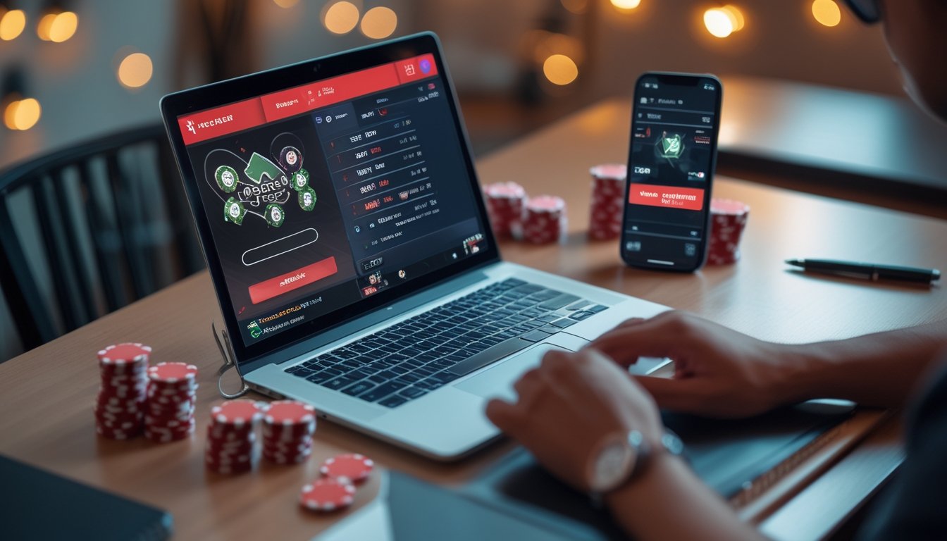 Seseorang sedang bermain poker online dengan laptop dan chip poker di meja kerja.