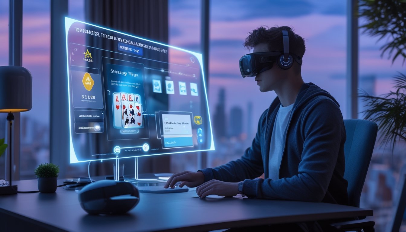 Seseorang duduk di meja modern dengan layar holografik menampilkan permainan poker digital dan elemen pelatih AI, di ruangan dengan pencahayaan biru dan ungu serta pemandangan kota di luar jendela.