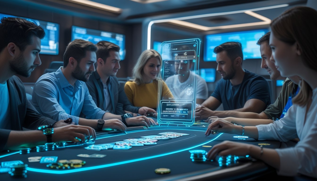 Sejumlah pemain poker sedang bermain di meja dengan kartu dan chip holografik, didampingi asisten AI hologram yang menampilkan strategi permainan.