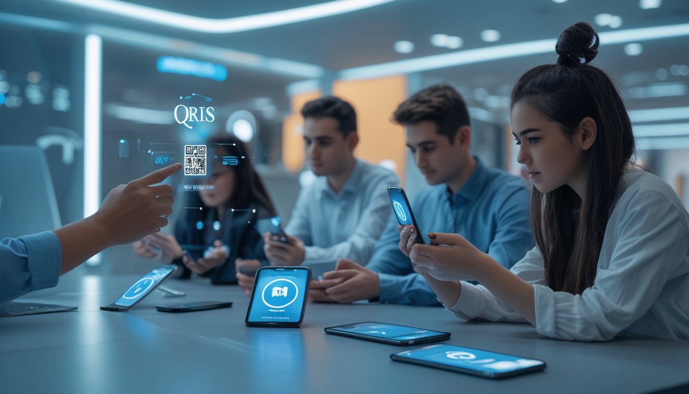 Orang-orang muda menggunakan ponsel untuk melakukan pembayaran digital dengan sistem QRIS dan dompet elektronik di lingkungan modern.
