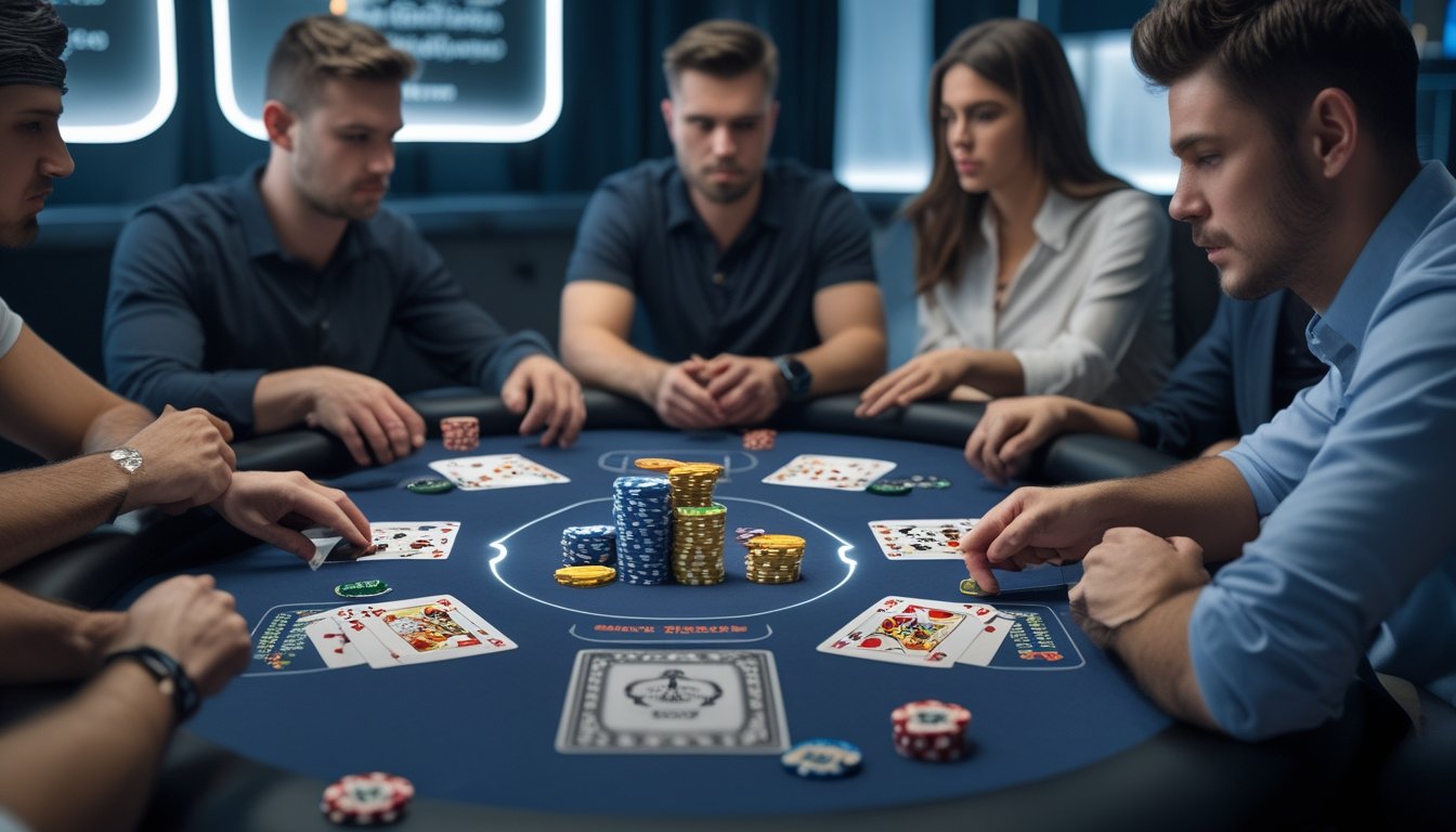 Meja poker dengan kartu dan chip yang rapi, dikelilingi oleh beberapa pemain yang fokus bermain poker.