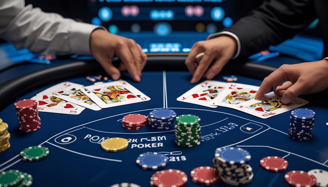 Meja poker dengan kartu dan chip yang menunjukkan perbedaan antara permainan Omaha dan Short Deck Poker, dengan perangkat digital di latar belakang.