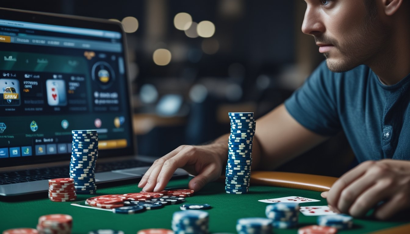 Seorang pemain poker sedang fokus duduk di meja poker dengan chip dan kartu, memperhatikan permainan dengan serius.