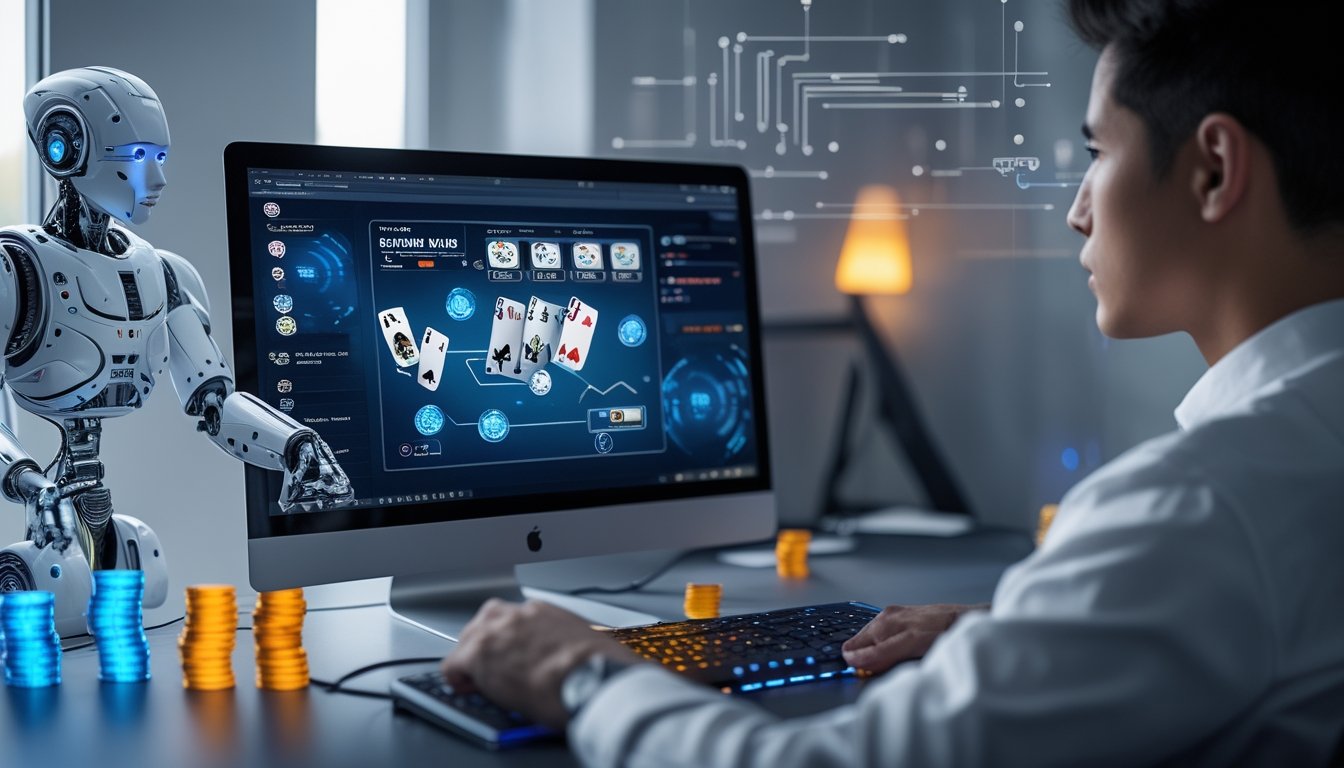 Seorang pemain duduk di depan komputer yang menampilkan permainan poker online dengan suasana fokus dan serius, di ruang kerja yang rapi.