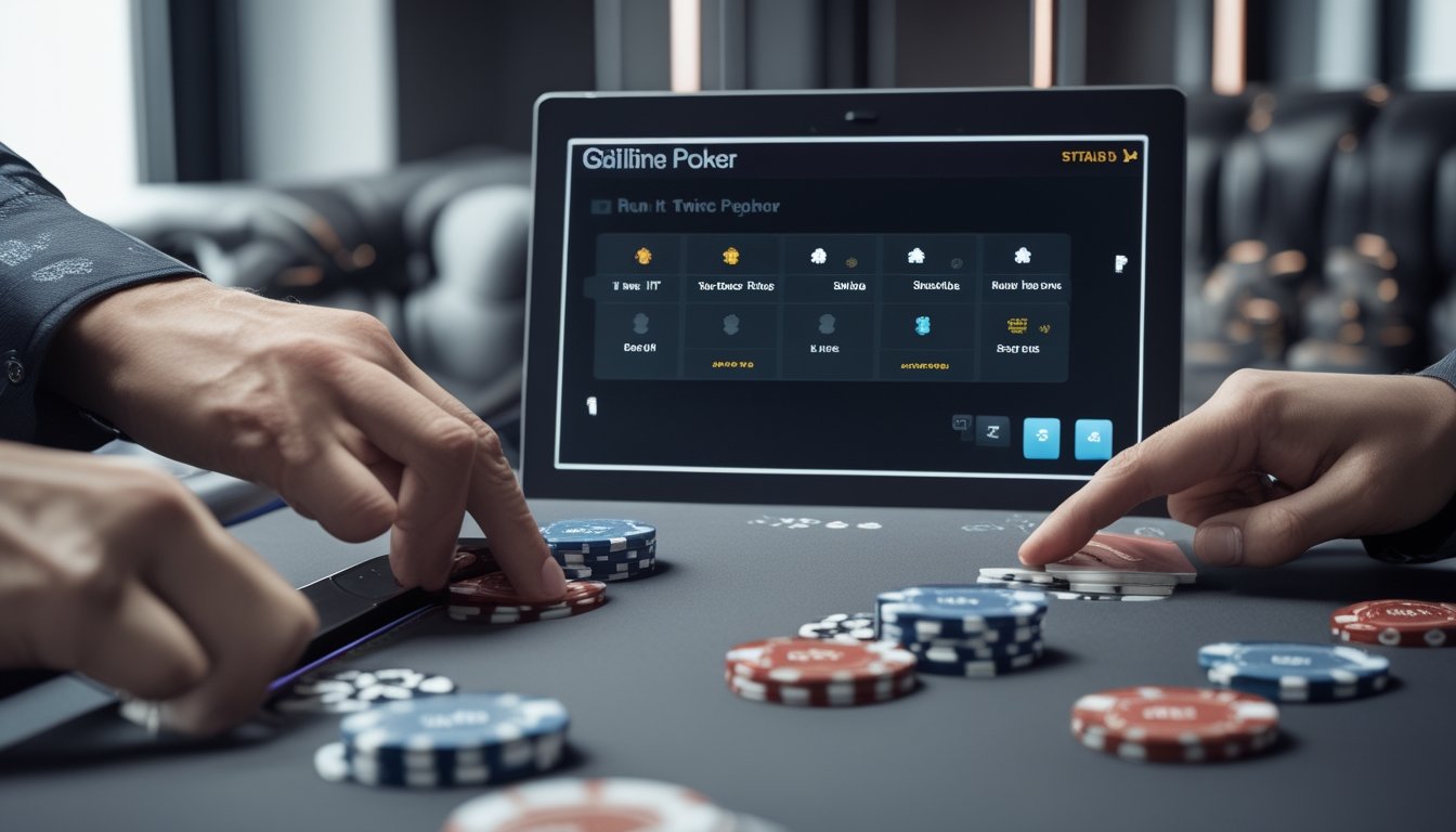 Seorang pemain poker fokus di meja poker modern dengan chip dan kartu, menggunakan perangkat digital di latar belakang.