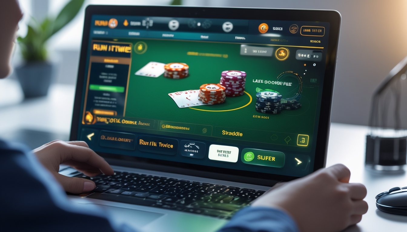 Seorang pemain poker online sedang bermain di depan layar komputer dengan tampilan meja poker digital dan chip poker.