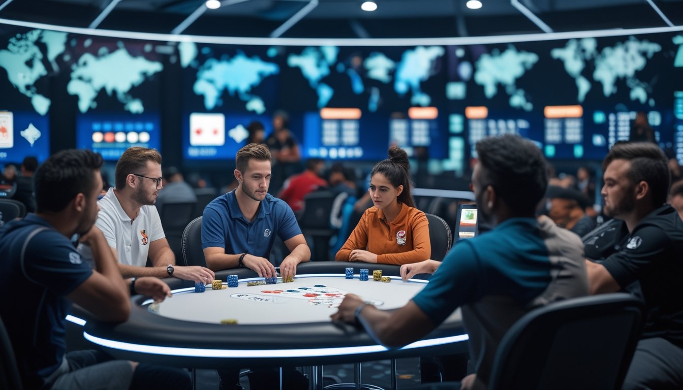 Sekelompok pemain poker internasional yang serius bermain di meja poker modern dengan layar digital dan elemen dunia di latar belakang.
