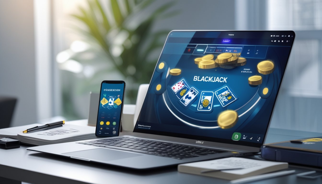 Seorang pengguna sedang belajar bermain blackjack online di depan laptop dengan kartu dan chip di layar, dikelilingi oleh alat tulis dan ponsel di meja yang rapi.