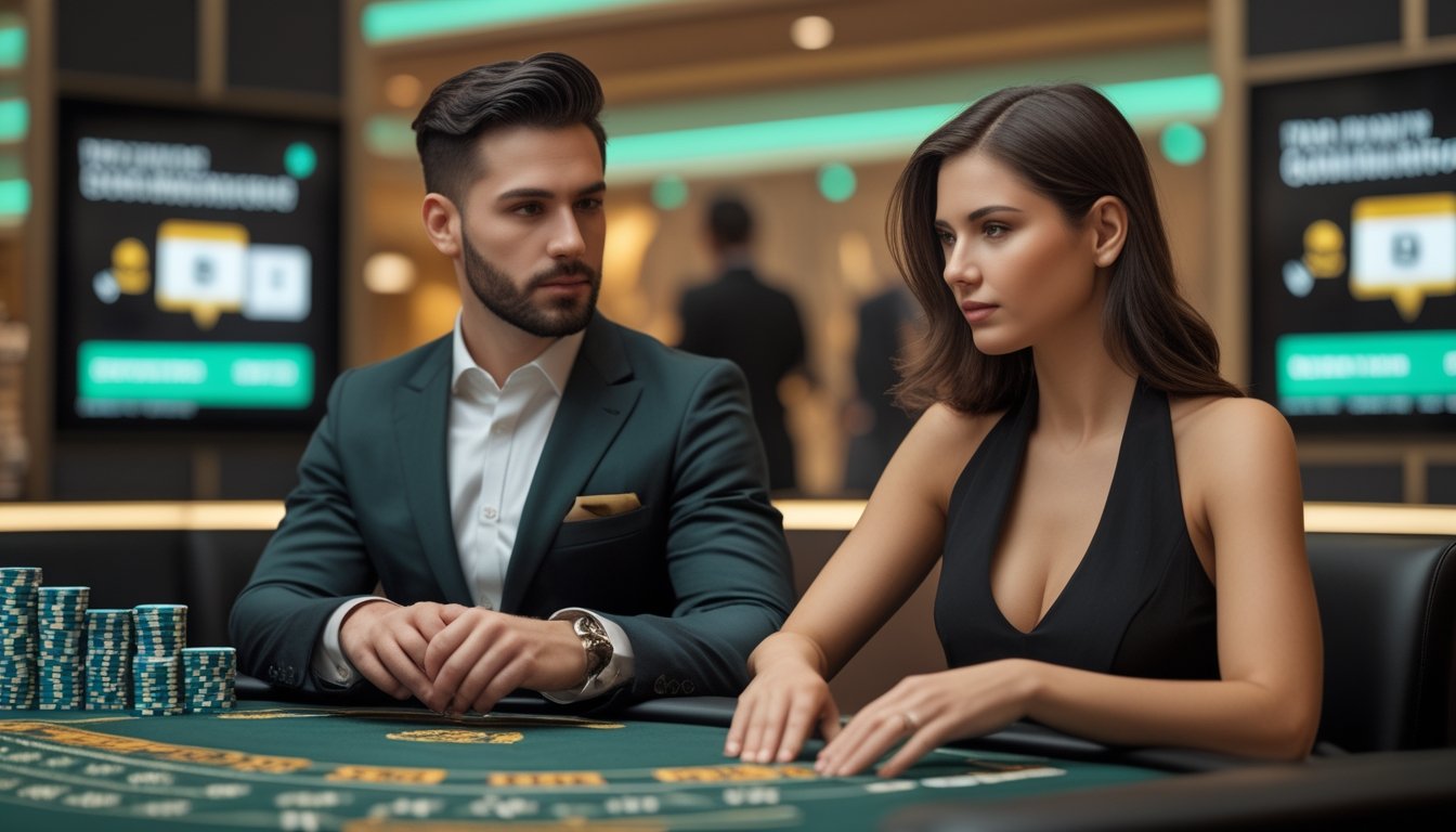 Seorang pria dan wanita duduk di meja blackjack di kasino dengan suasana mewah, fokus pada permainan dan tumpukan chip di meja.