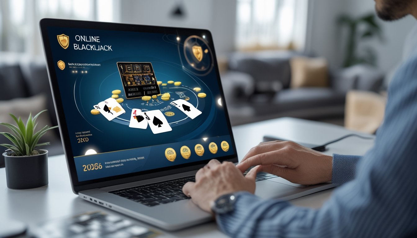 Seseorang bermain blackjack online di depan komputer di ruangan yang terang dan rapi dengan simbol keamanan yang terlihat.