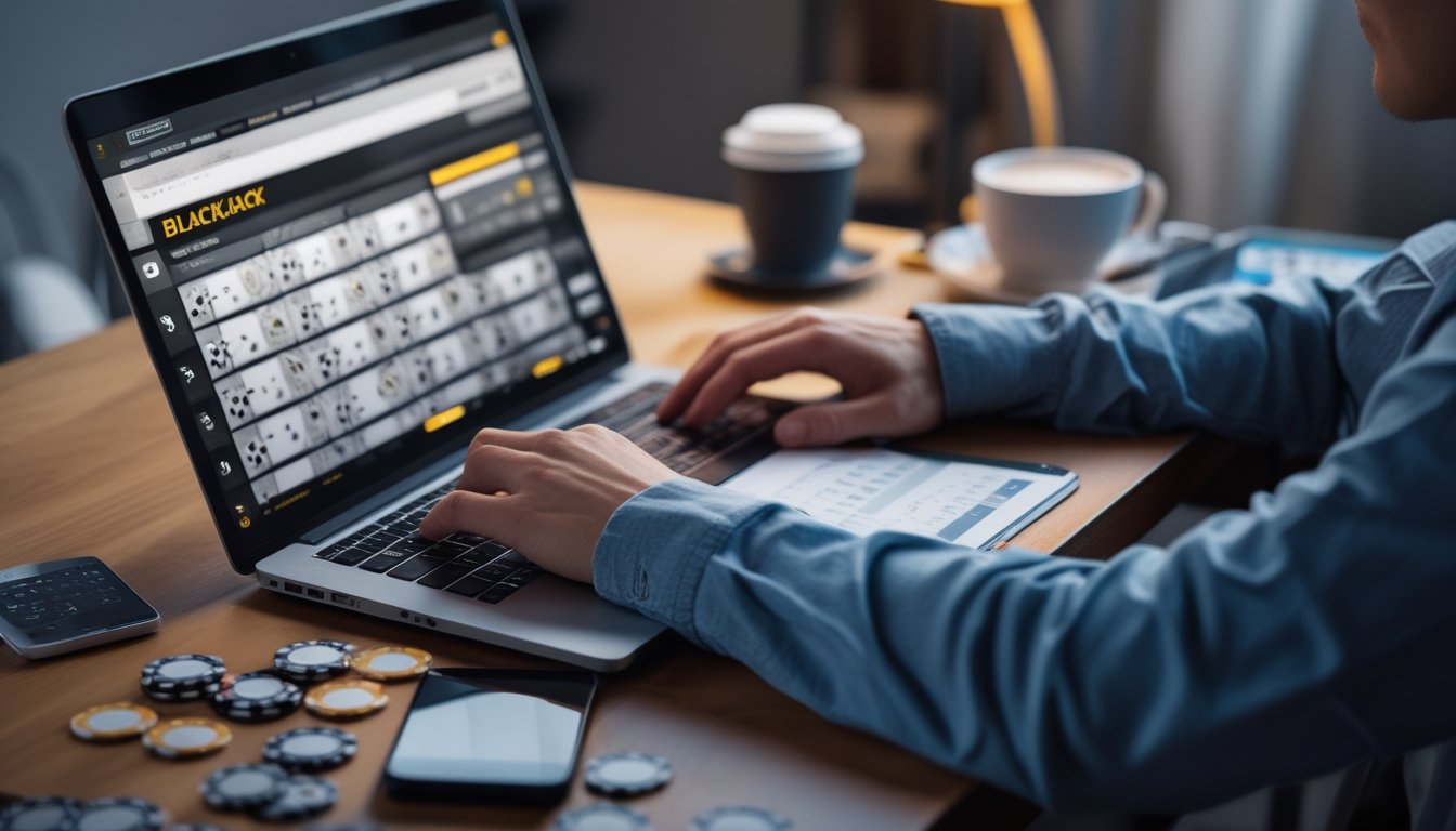 Seseorang duduk di depan laptop dengan permainan blackjack online, dikelilingi chip poker dan catatan keuangan di meja.