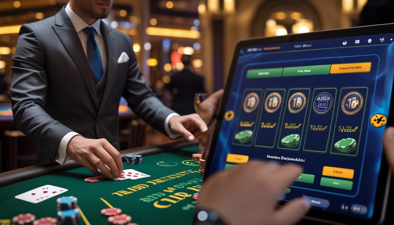 Seorang dealer blackjack langsung sedang membagikan kartu di meja kasino di sebelah kiri, dan di sebelah kanan layar digital menampilkan permainan blackjack virtual dengan kartu dan chip.