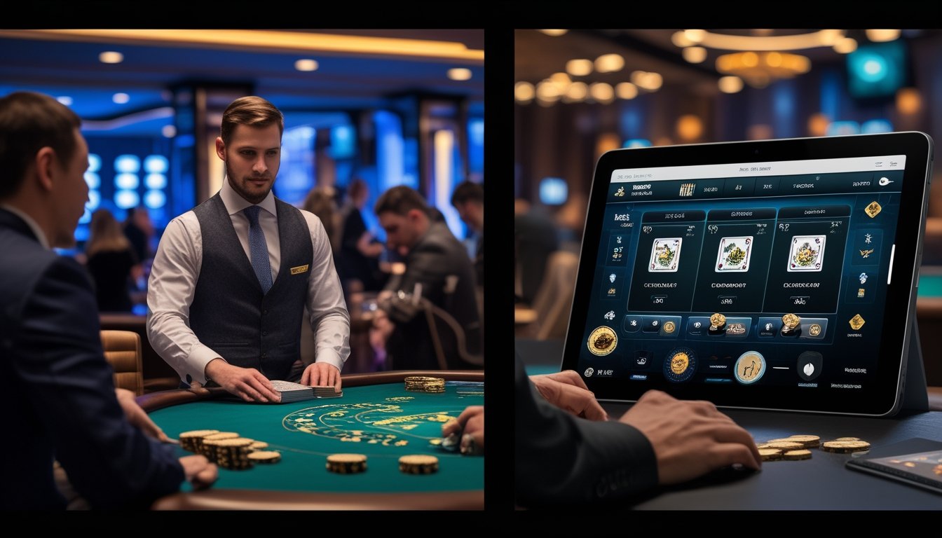 Adegan terbagi antara dealer blackjack langsung di kasino dan permainan blackjack virtual di layar komputer.