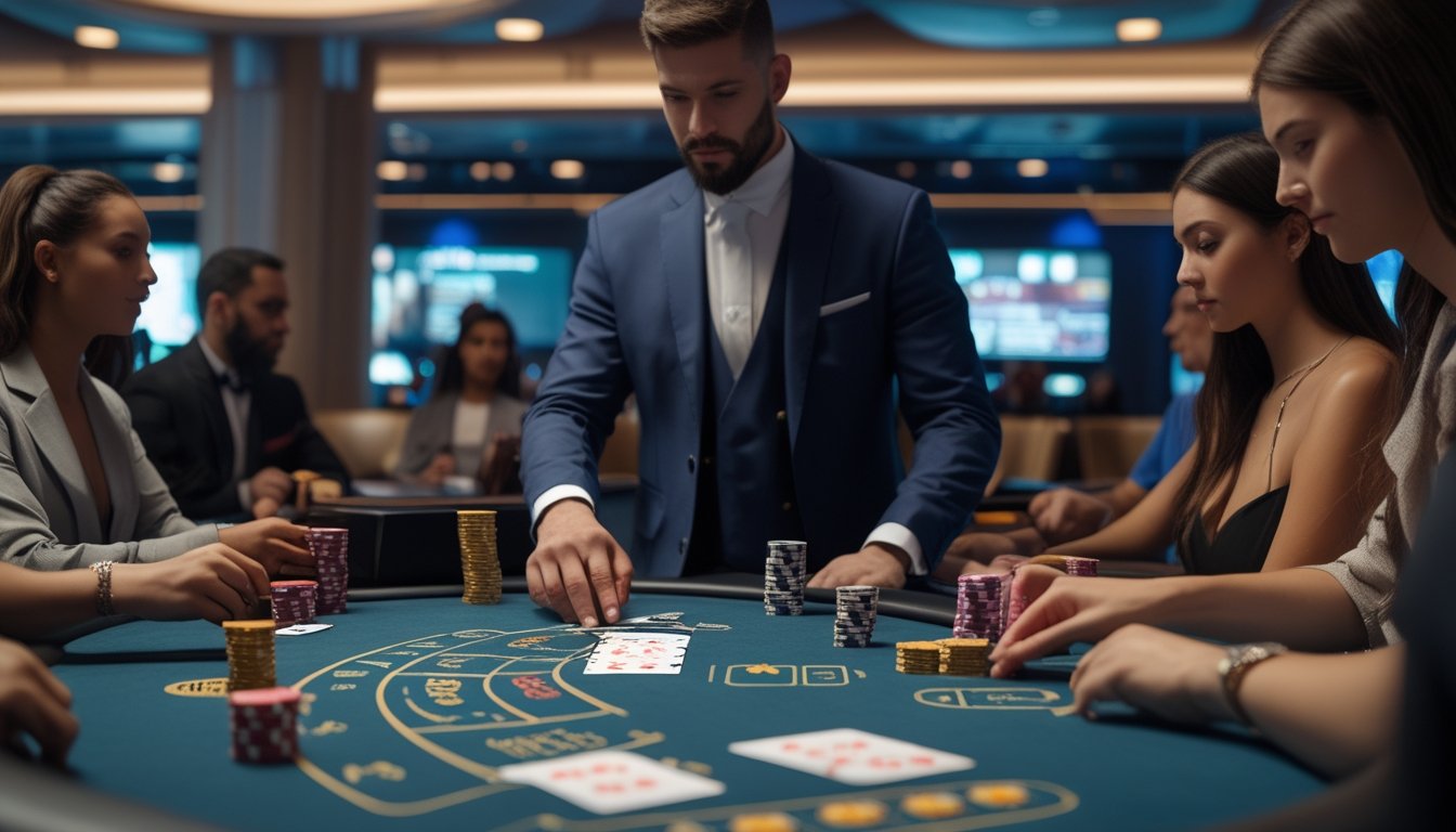 Seorang dealer dan beberapa pemain sedang bermain blackjack di meja kasino dengan chip warna-warni dan kartu, menampilkan suasana permainan yang serius dan strategis.