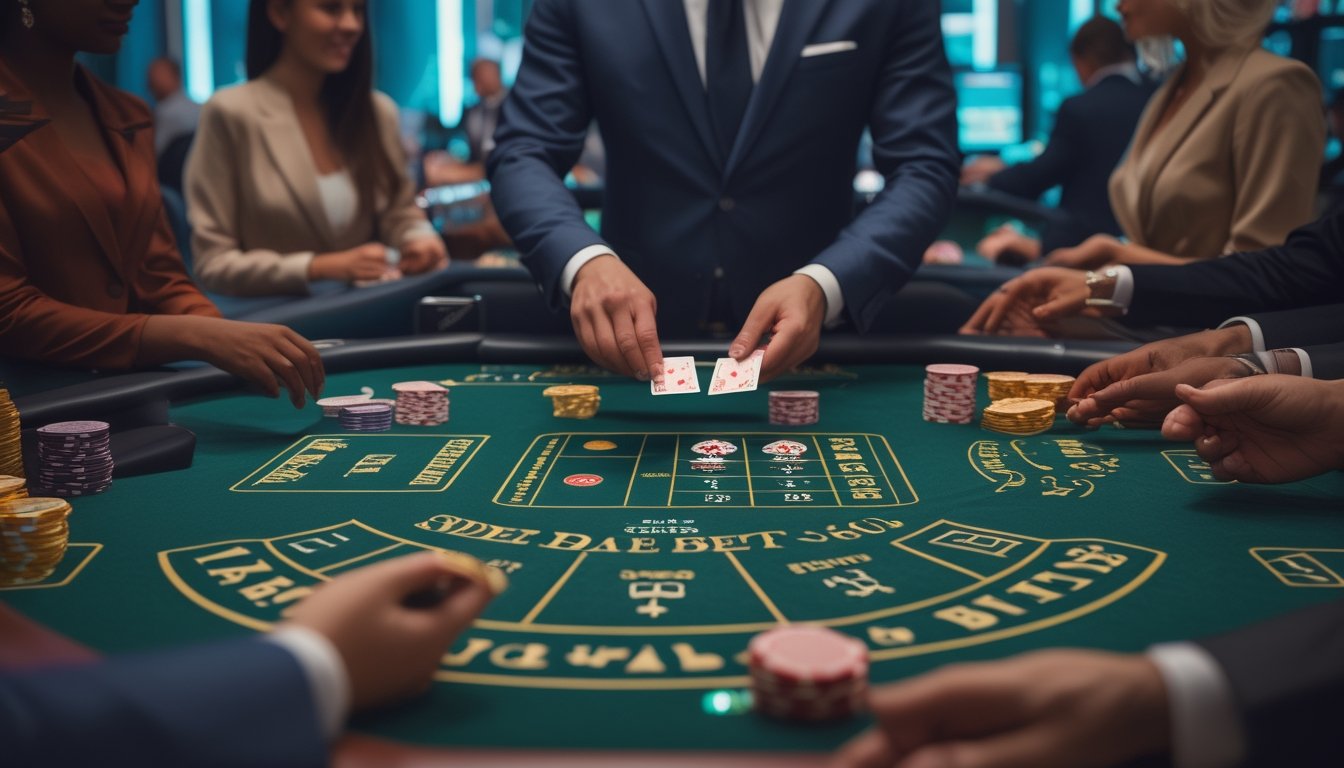 Meja blackjack di kasino modern dengan dealer dan pemain yang sedang bermain, menampilkan chip dan kartu di area taruhan sampingan.