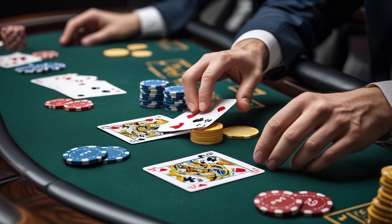 Meja blackjack dengan kartu dan chip yang menunjukkan situasi bermain di kasino.