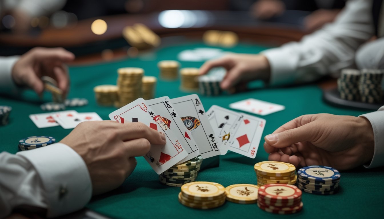 Meja blackjack dengan pemain dan dealer sedang bermain, menampilkan kartu yang sedang di-split dan double down serta tumpukan chip di atas meja.