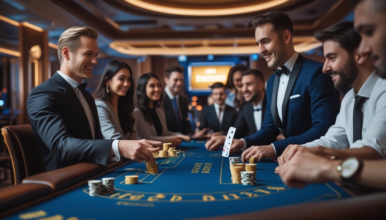 Meja blackjack di kasino dengan dealer dan pemain yang sedang bermain kartu, suasana mewah dan penuh semangat.